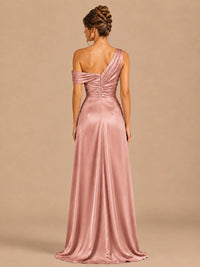 Satin One Shoulder Prom Dress Ruched Long Formal Evening Gown