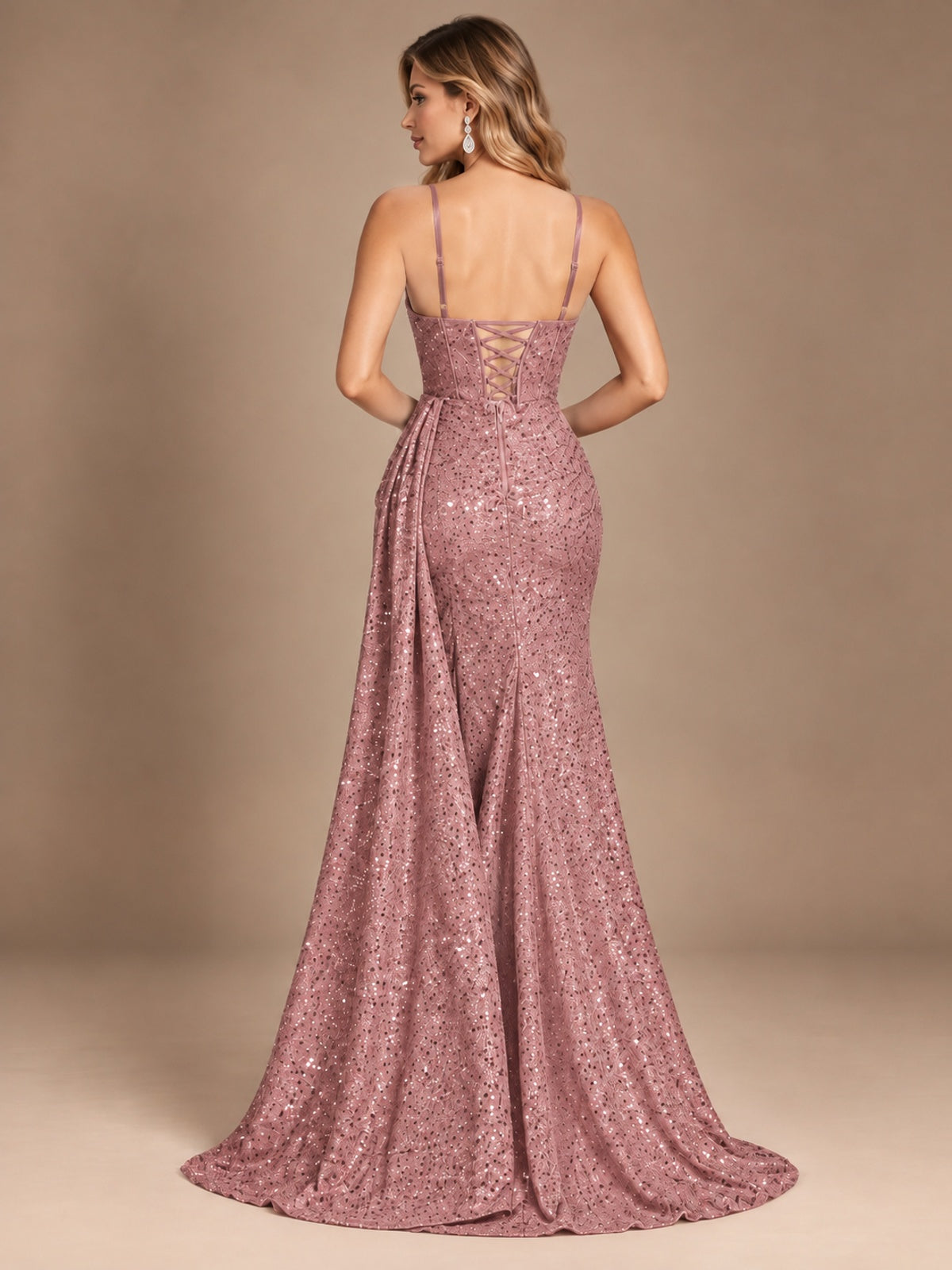 Burgundy Sequin Corset Prom Dress with High Slit