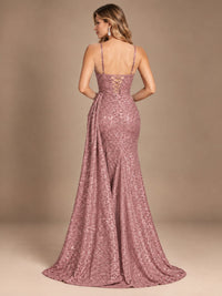 Burgundy Sequin Corset Prom Dress with High Slit