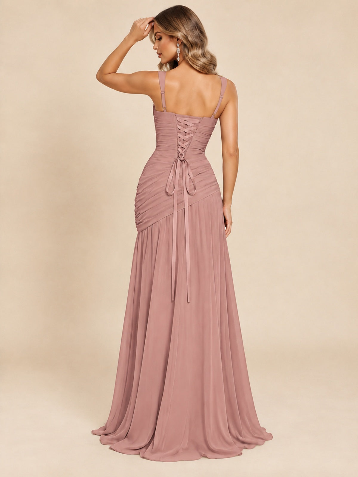 Wrap Pleated Prom Dress Scoop Neck with Slit Women Wedding Formal Dress