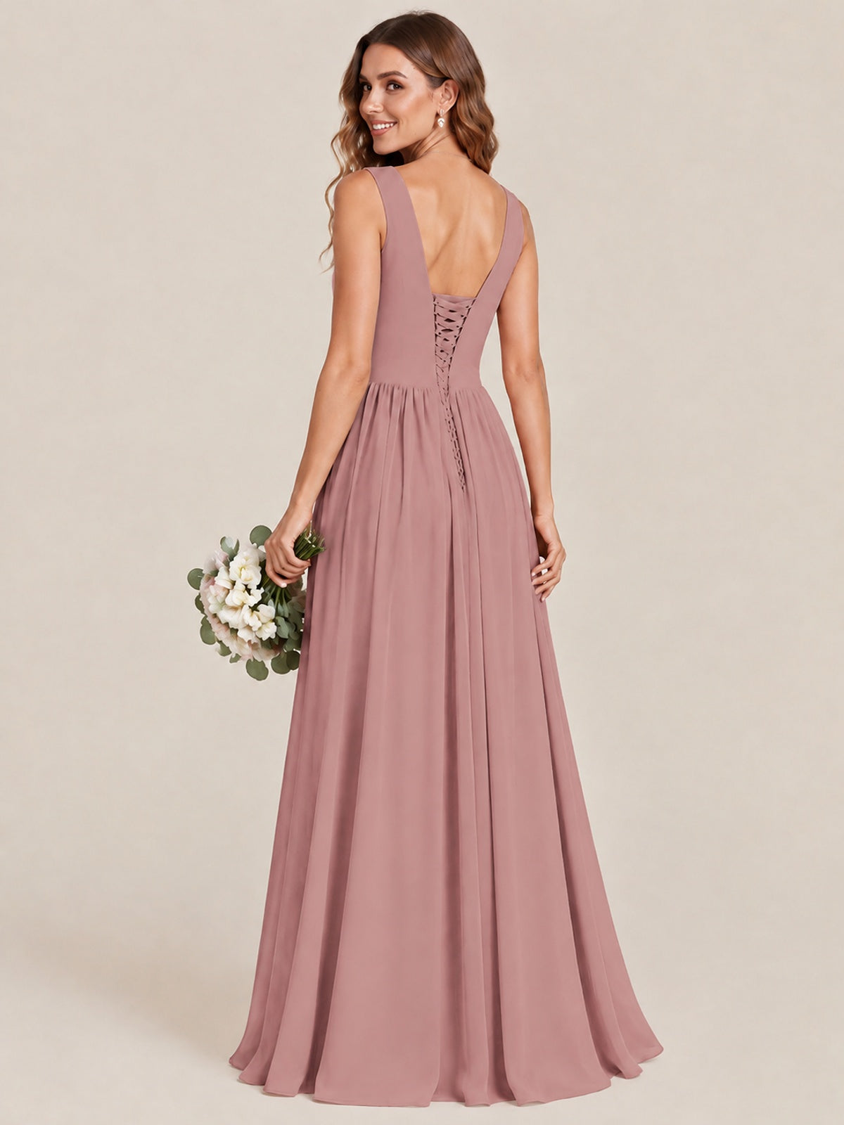 A-line Sleeveless Rucehd Chiffon Bridesmaid Dress with High Slit