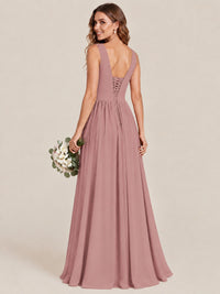 A-line Sleeveless Rucehd Chiffon Bridesmaid Dress with High Slit