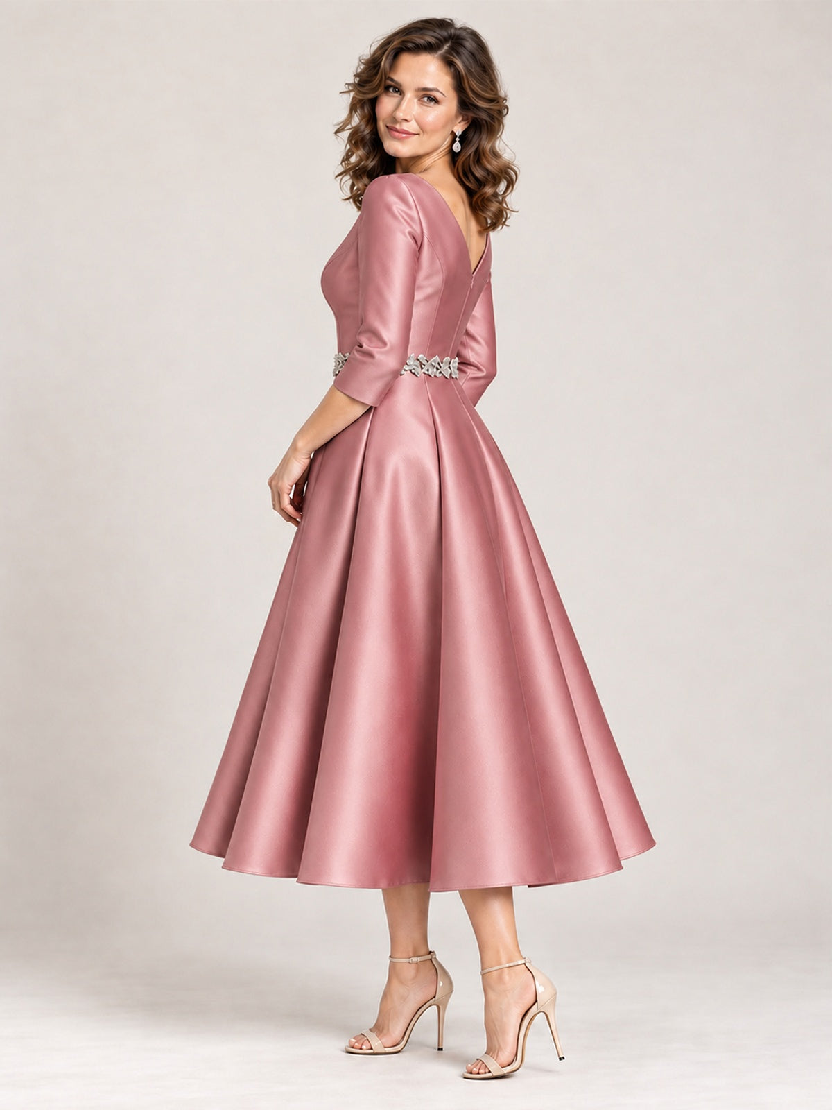 V-Neck Tea-Length Mother of the Bride Dress with Embellished Waist