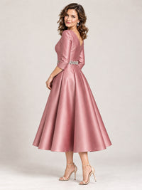 V-Neck Tea-Length Mother of the Bride Dress with Embellished Waist