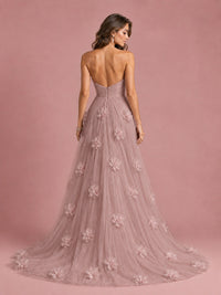 3D Floral Applique Strapless Tulle Prom Dress with High Slit
