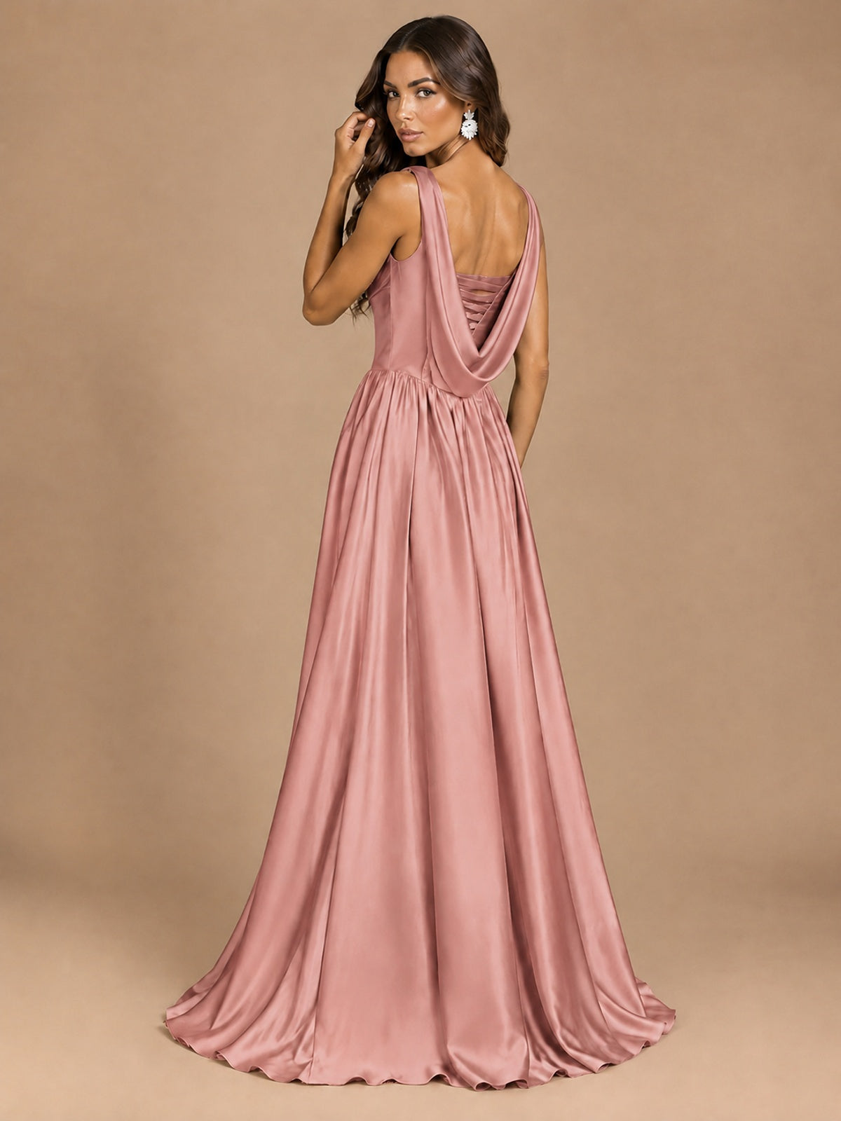 Cowl Neck Pleated Satin Prom Dress with Pockets & Slit Maxi Formal Gowns