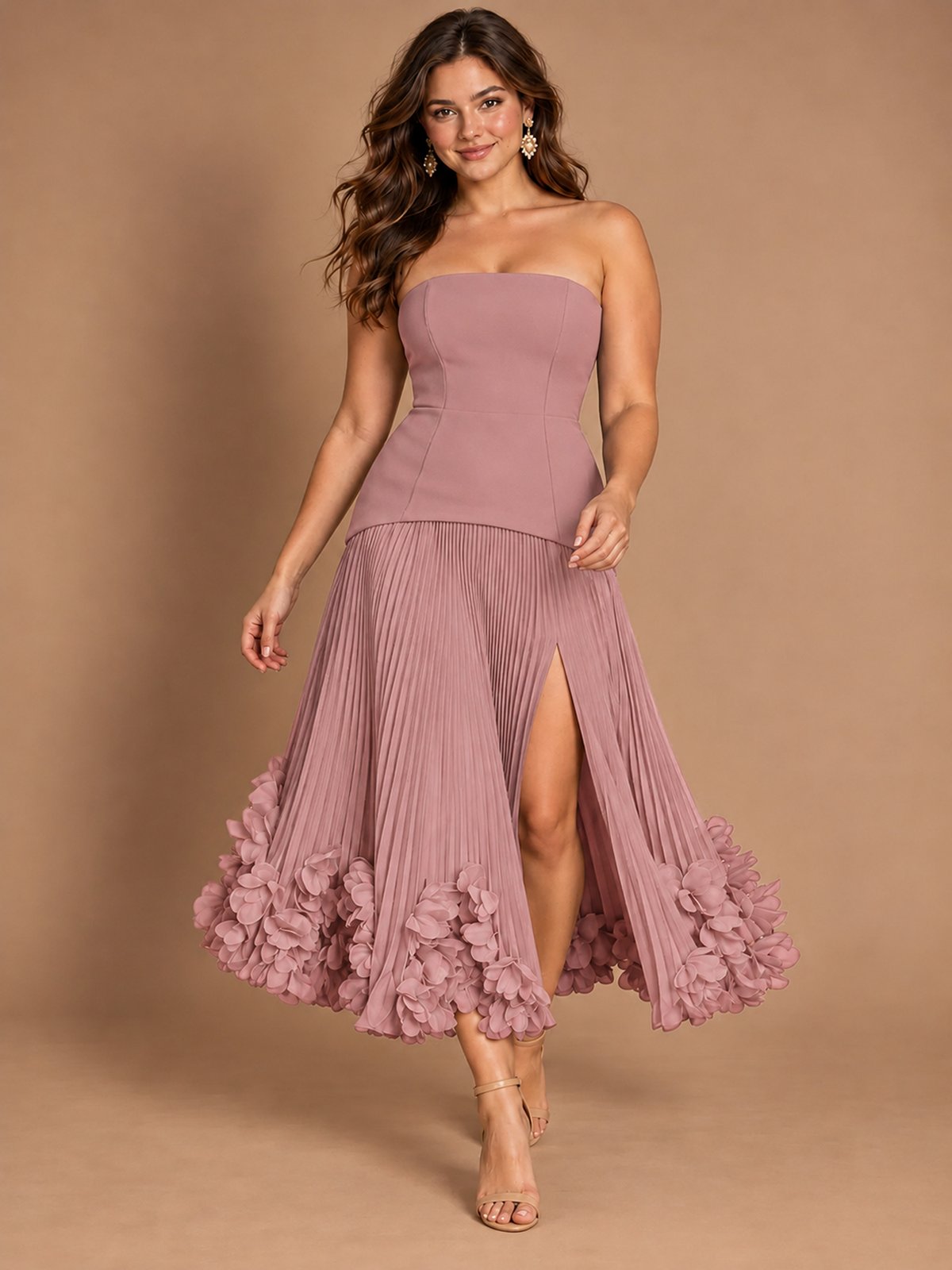 Navy Blue Strapless Pleated A-Line Midi Dress with 3D Floral Applique