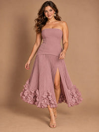 Navy Blue Strapless Pleated A-Line Midi Dress with 3D Floral Applique