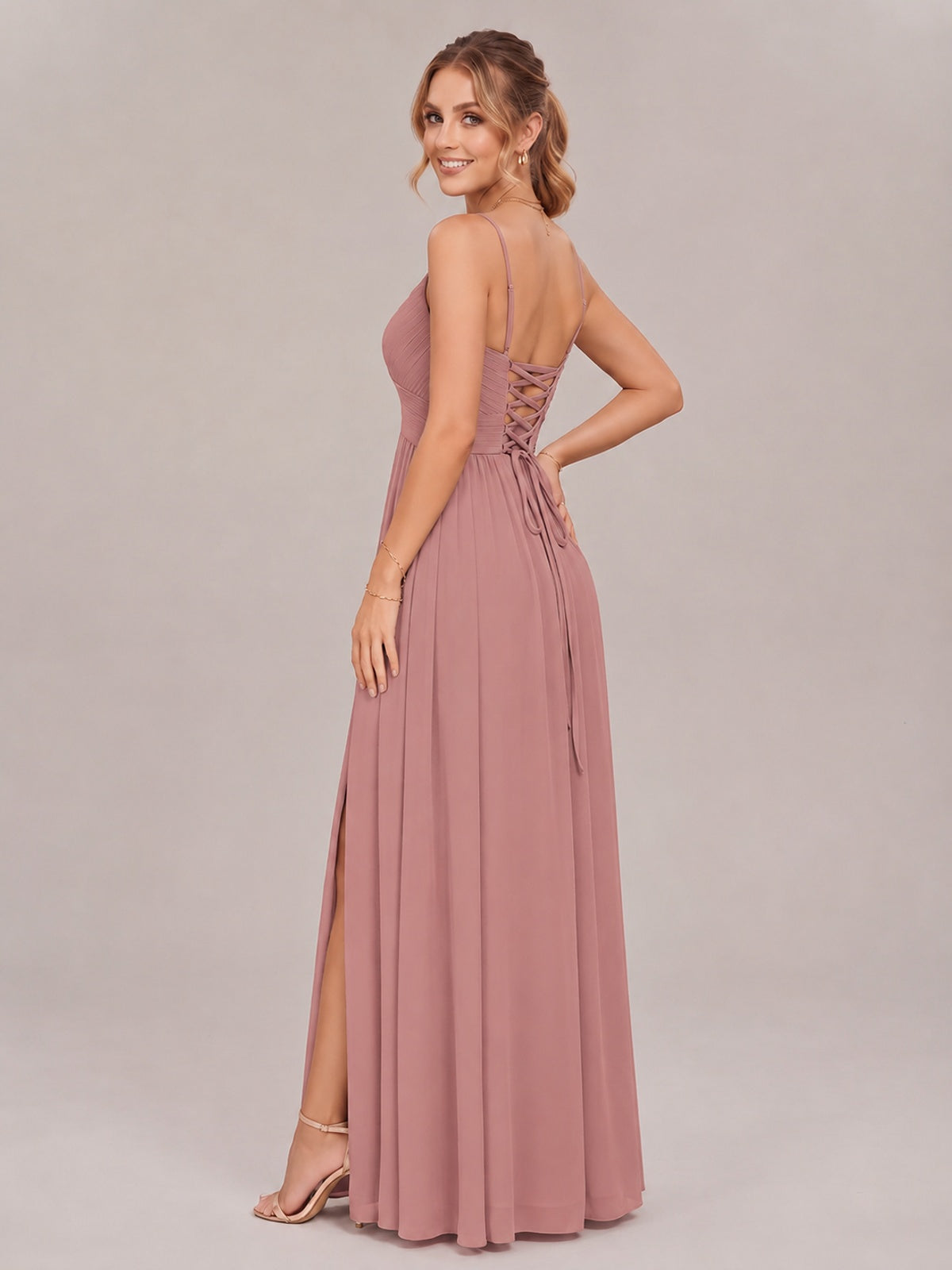 V-Neck Pleated Chiffon Long Bridesmaid Dress with Slit