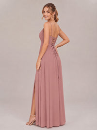 V-Neck Pleated Chiffon Long Bridesmaid Dress with Slit