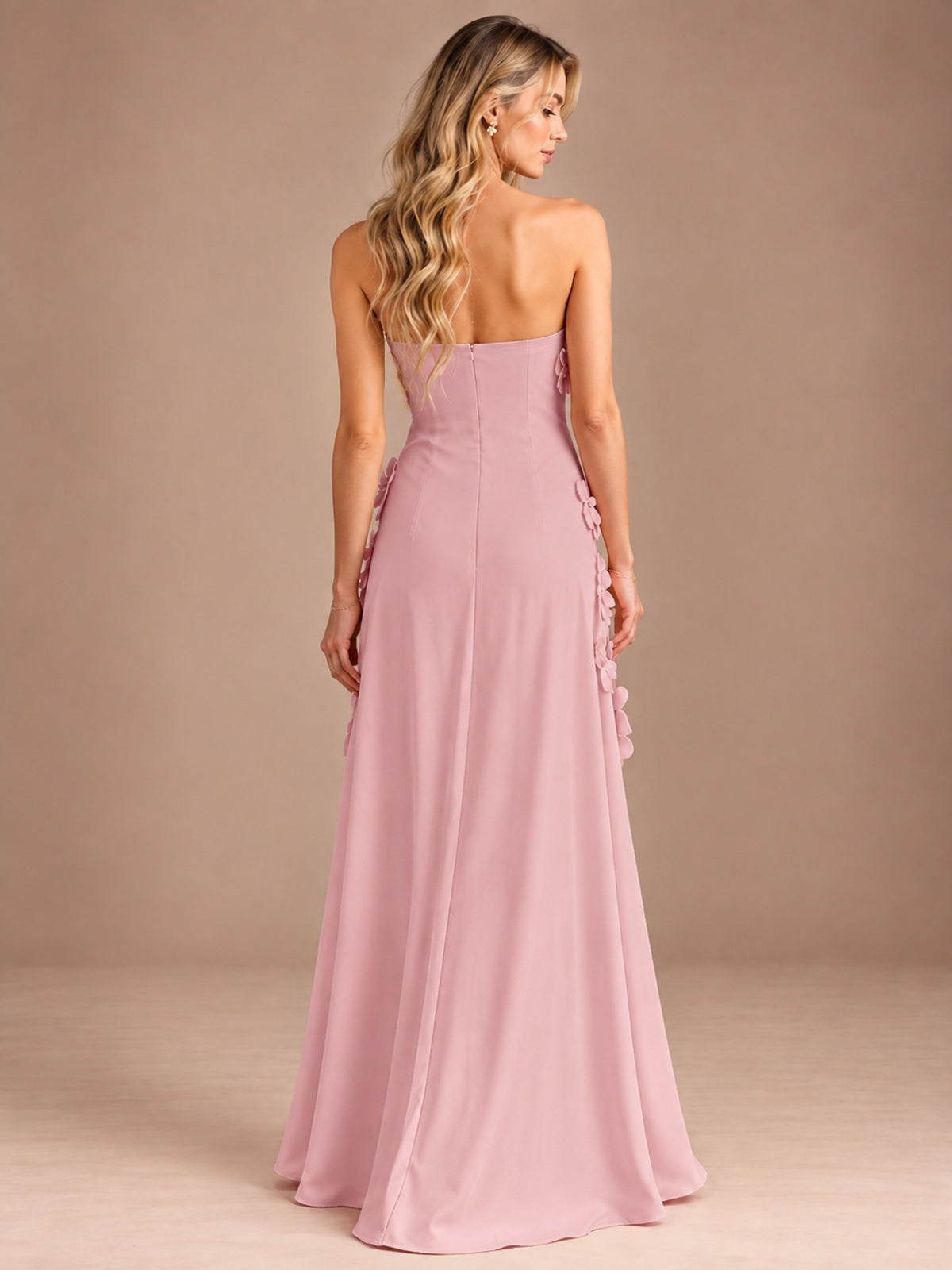 Yellow Strapless A-line Satin Maxi Dress with 3D Floral