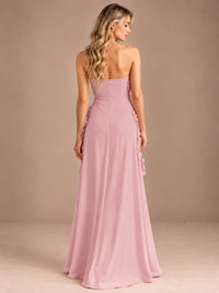 Yellow Strapless A-line Satin Maxi Dress with 3D Floral