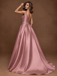 Satin A-Line Prom Dress Sleeveless Beaded Waist Formal Gown with Pockets
