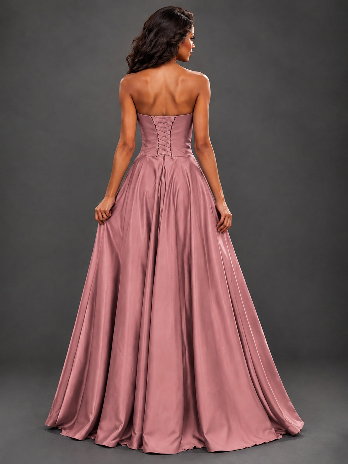 Draped Satin Prom Dress Strapless A-line Formal Dress Floor Length
