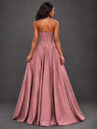 Draped Satin Prom Dress Strapless A-line Formal Dress Floor Length