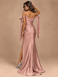 Off The Shuolder Satin Prom Dress Slit Mermaid Formal Gowns