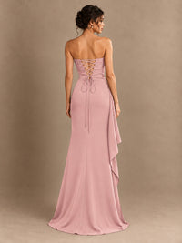 Black and White Strapless Ruched Prom Dress with High Slit & Side Drape