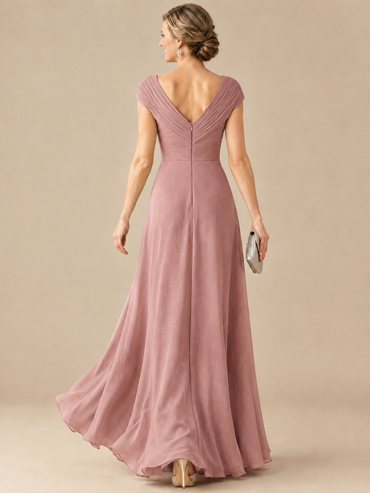 Pleated Chiffon Lace Mother of The Bride Dresses with Beading Cap Sleeves