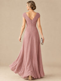 Pleated Chiffon Lace Mother of The Bride Dresses with Beading Cap Sleeves