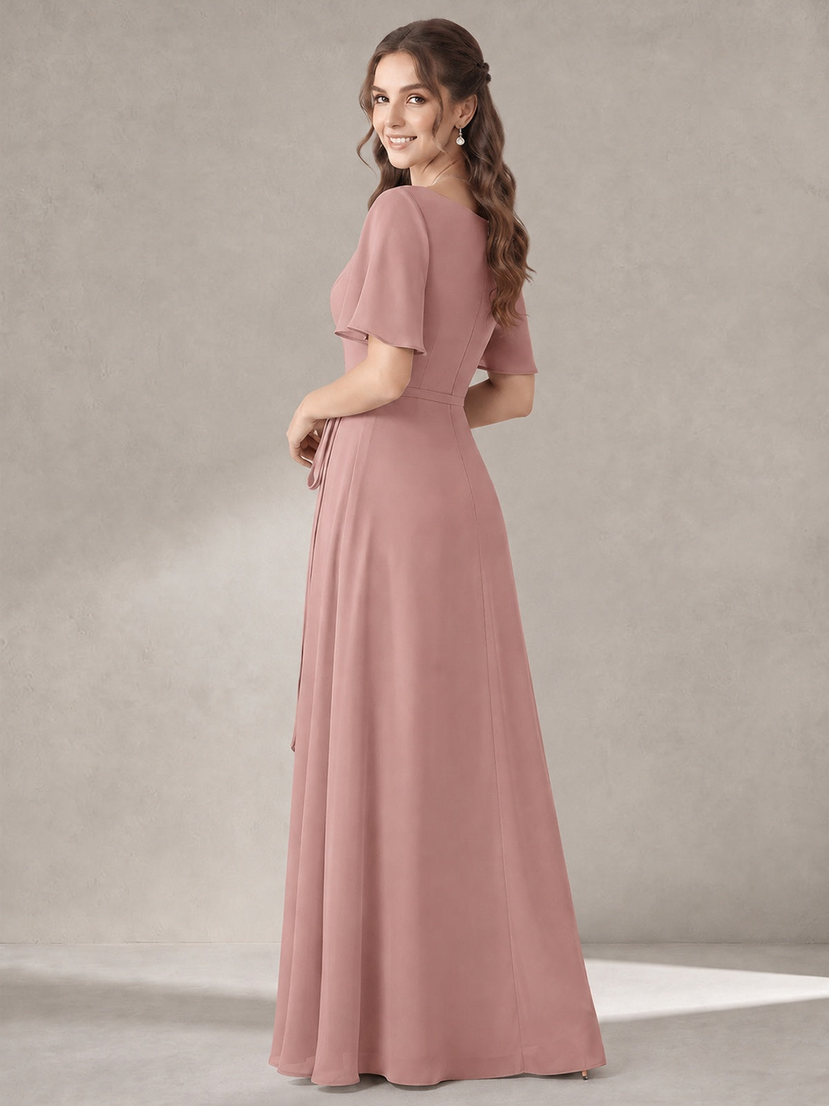 Scoop Neck A-line Chiffon Bridesmaid Dress with Flutter Sleeve & Belt
