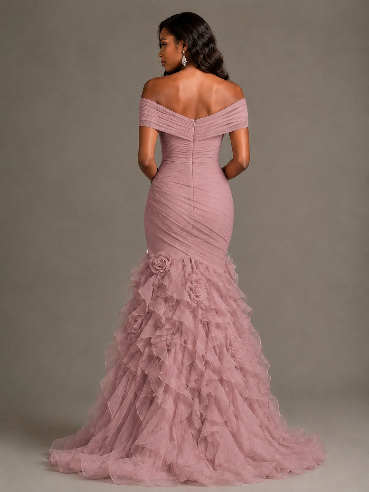 Pink Off-the-Shoulder Mermaid Prom Dress with Ruffles 3D Flowers