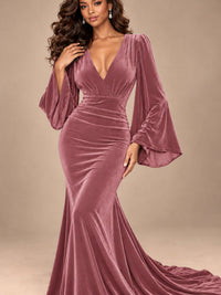 Burgundy Velvet Deep V-Neck Ruched Long Sleeve Maxi Dress