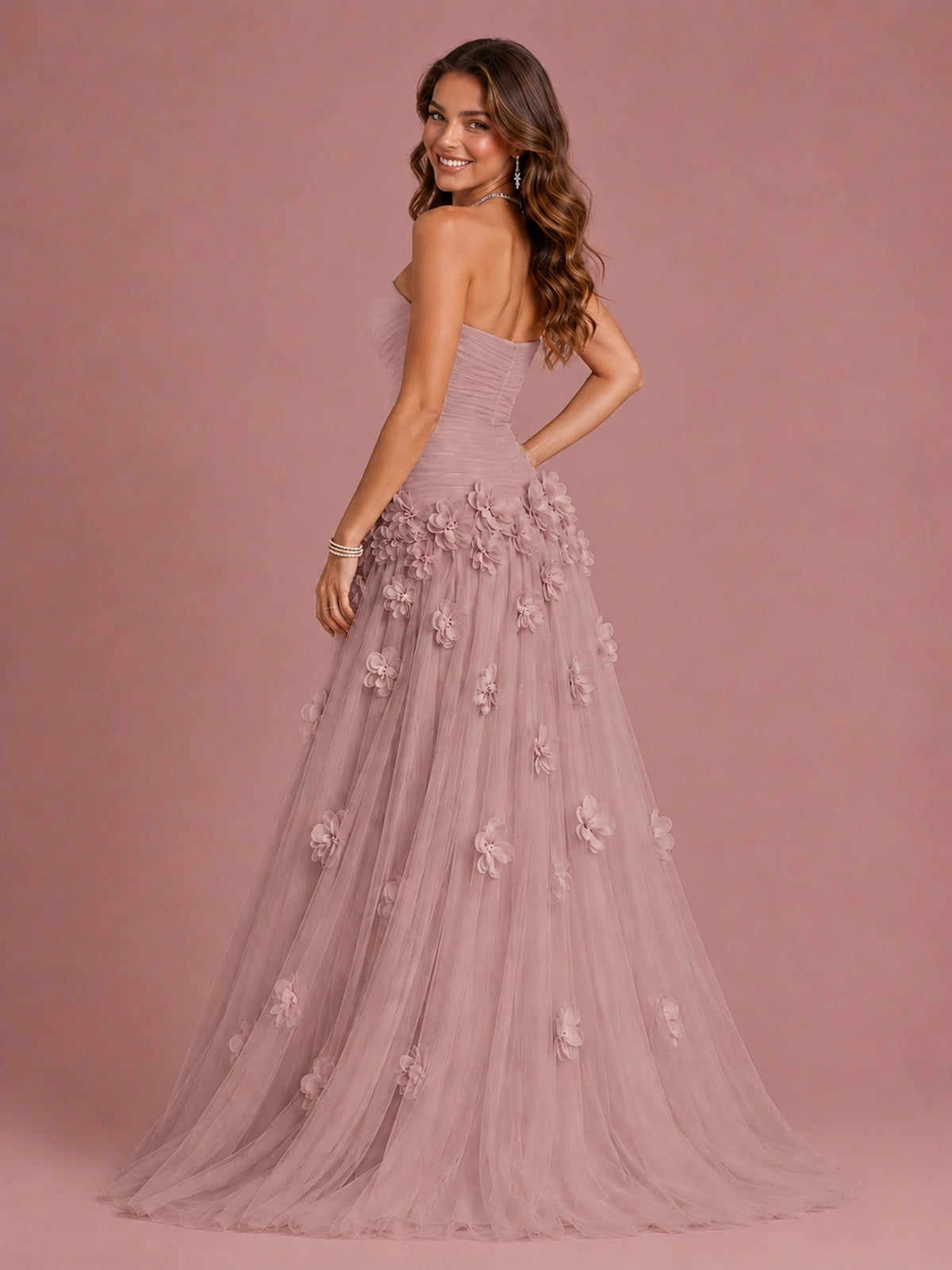 Blush Pink Strapless Sweetheart 3D Floral Tulle Ball Gown Prom Dres