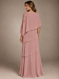 Elegant Chiffon Cape Sleeve Beaded Mother of the Bride Dress