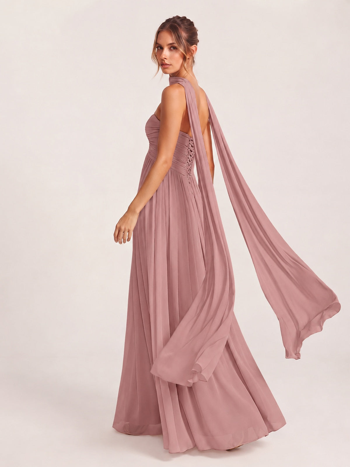 Strapless Ruched Chiffon Long Prom Dress with Scarf