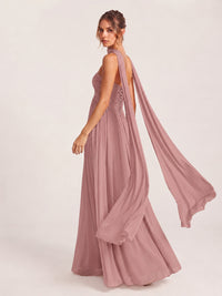 Strapless Ruched Chiffon Long Prom Dress with Scarf