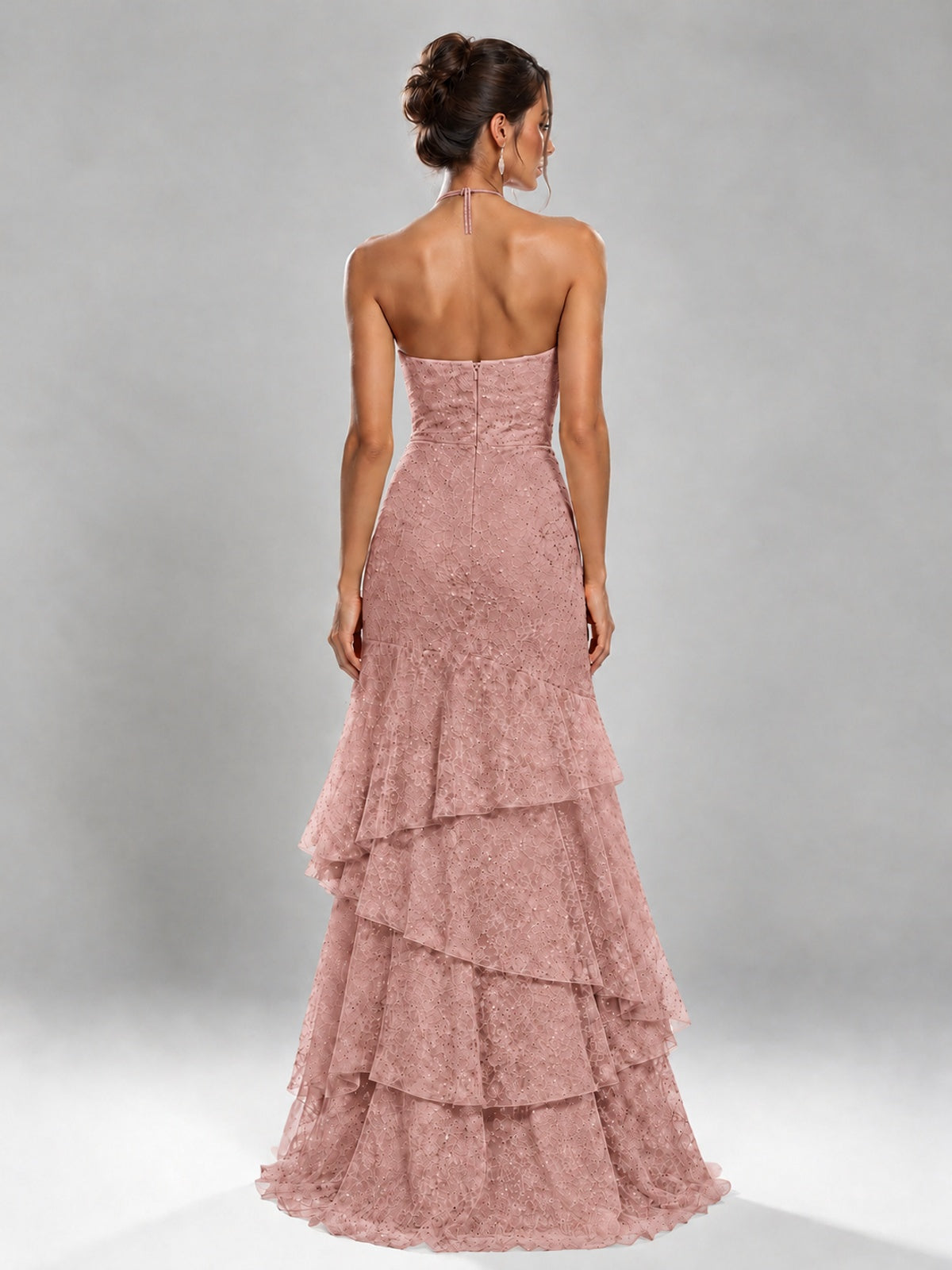 Halter Tiered Mermaid Prom Dress with Sparkly Lace