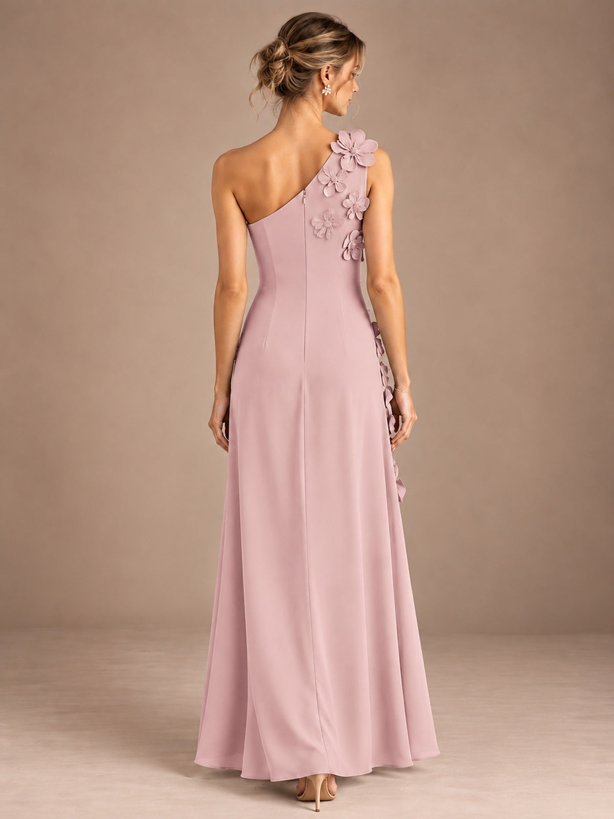 Sage Green One Shoulder Satin Formal Maxi Dress with 3D Floral