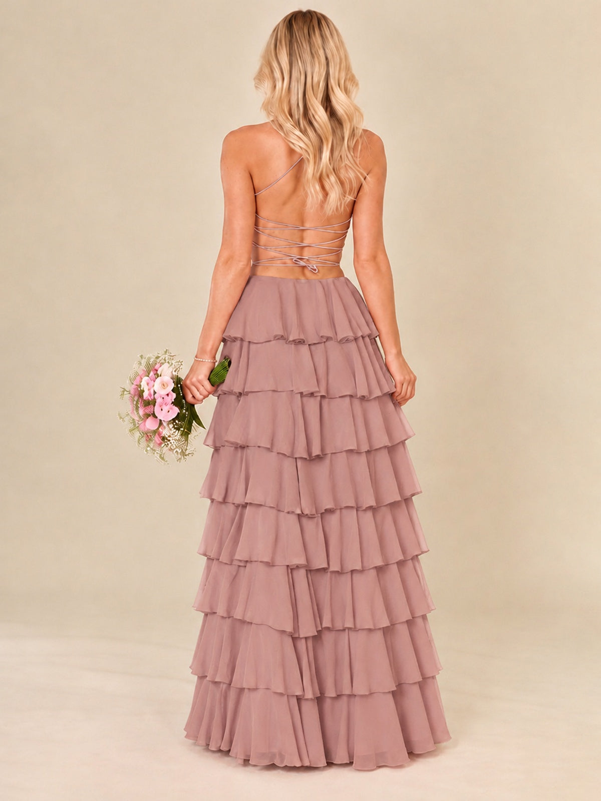 Ruffled Tiered Chiffon Prom Dress Spaghetti Straps Formal Maxi Dress with Slit