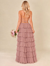 Ruffled Tiered Chiffon Prom Dress Spaghetti Straps Formal Maxi Dress with Slit