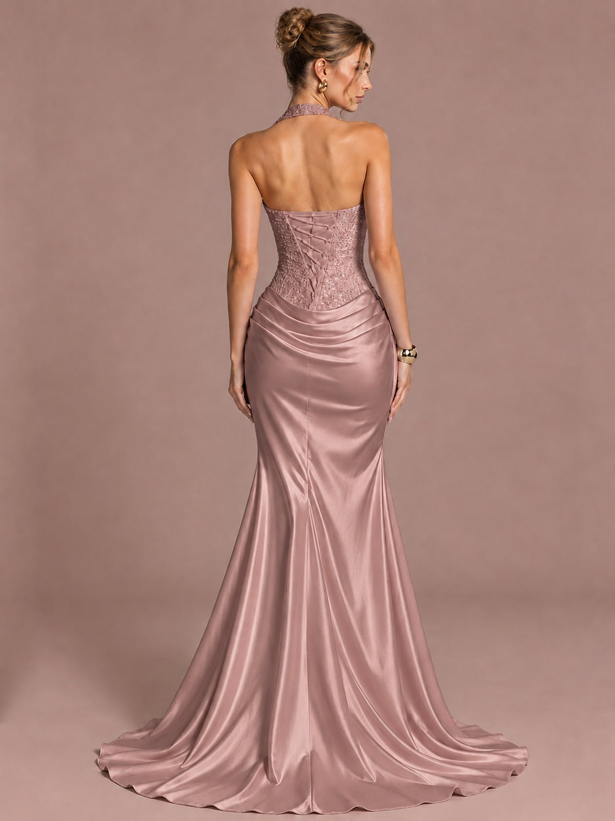 Sparkling Halter Corset Satin Mermaid Prom Dress