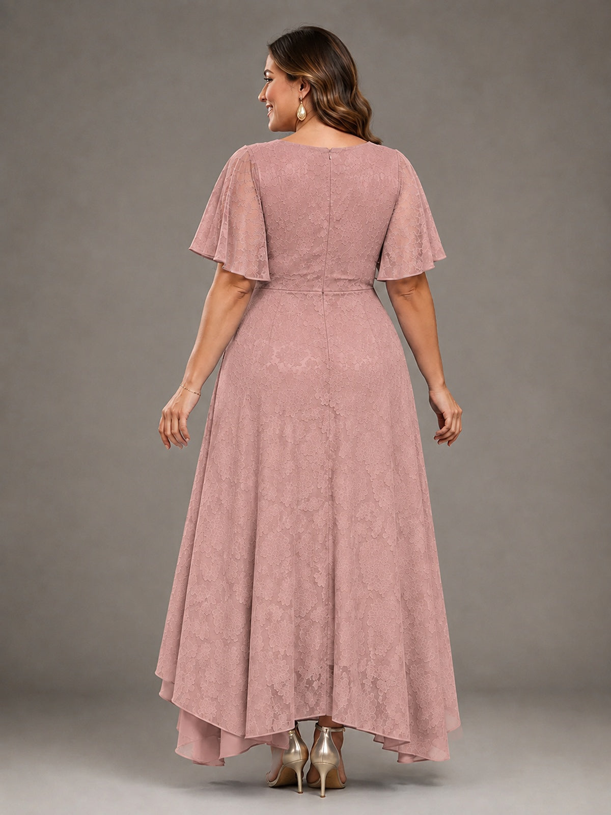 Jacquard Chiffon A-Line V-Neck High-Low Mother of the Bride Dress