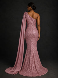 Gold Sequin One Shoulder Mermaid Prom Dress with Cape