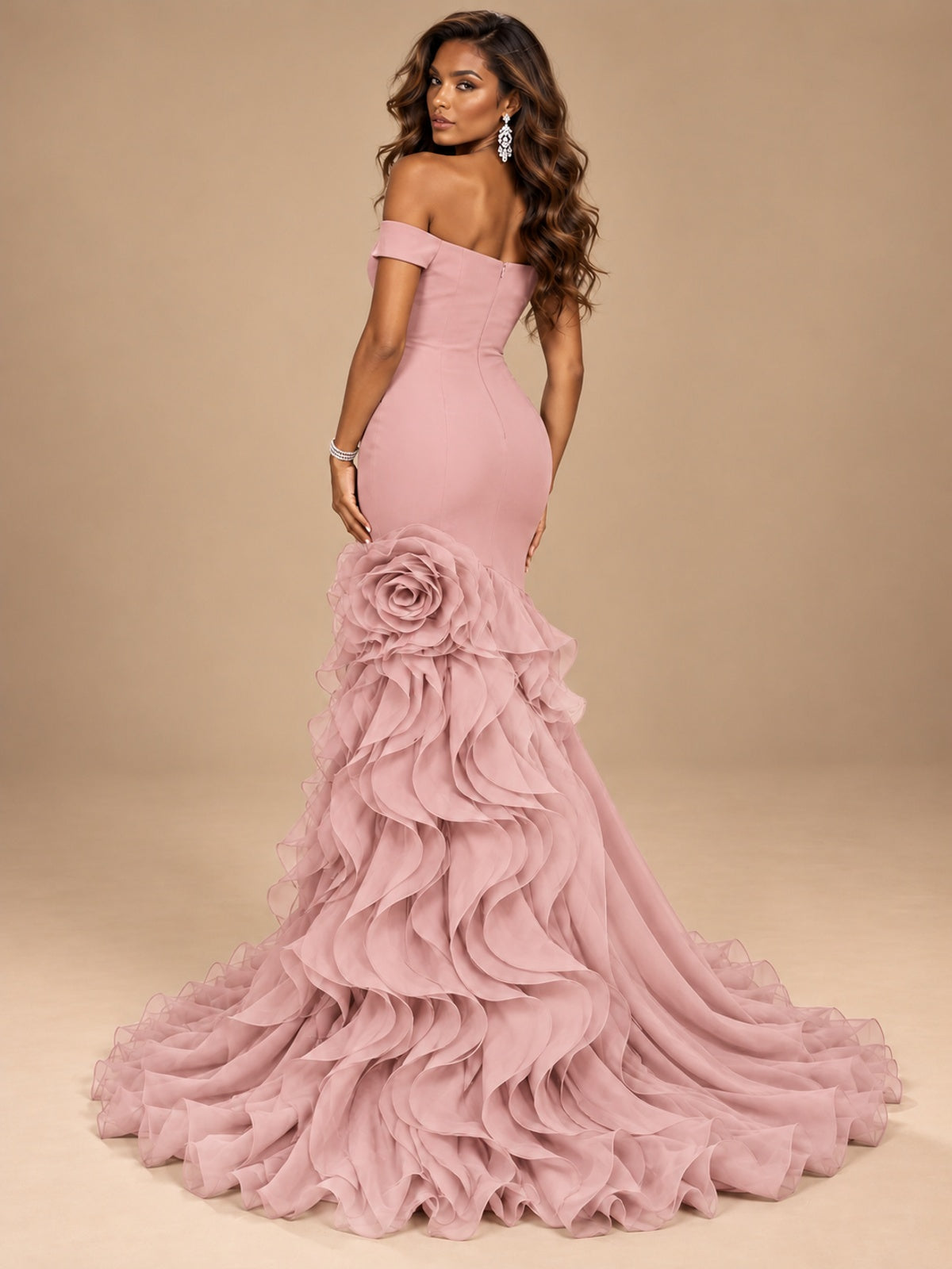 Dusty Blue Off-the-Shoulder Mermaid Prom Dress with 3D Rose & Ruffles