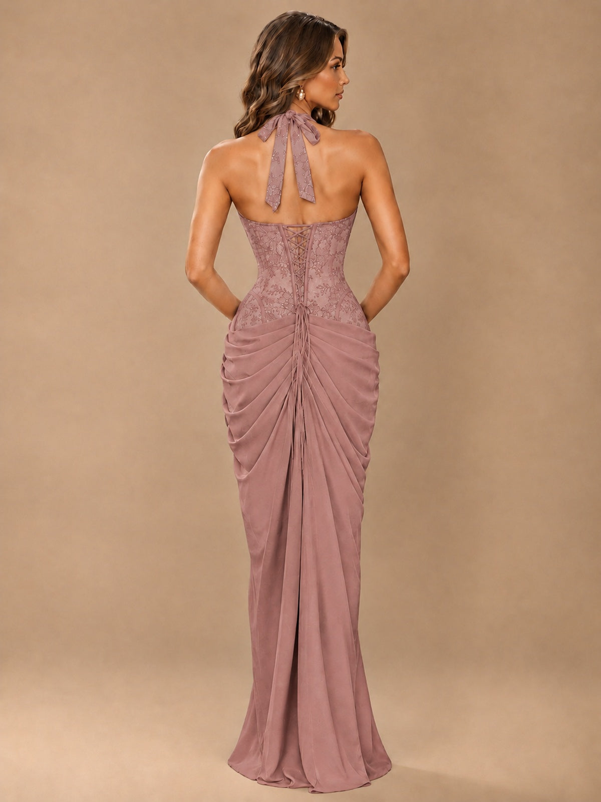 Sweetheart Halter Prom Dress Pleated Lace Floral Formal Dress with Slit