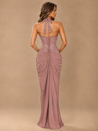 Sweetheart Halter Prom Dress Pleated Lace Floral Formal Dress with Slit