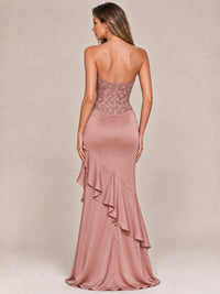 Strapless Lace Appliques Corset Satin Prom Dress Ruffle Slit Evening Gown