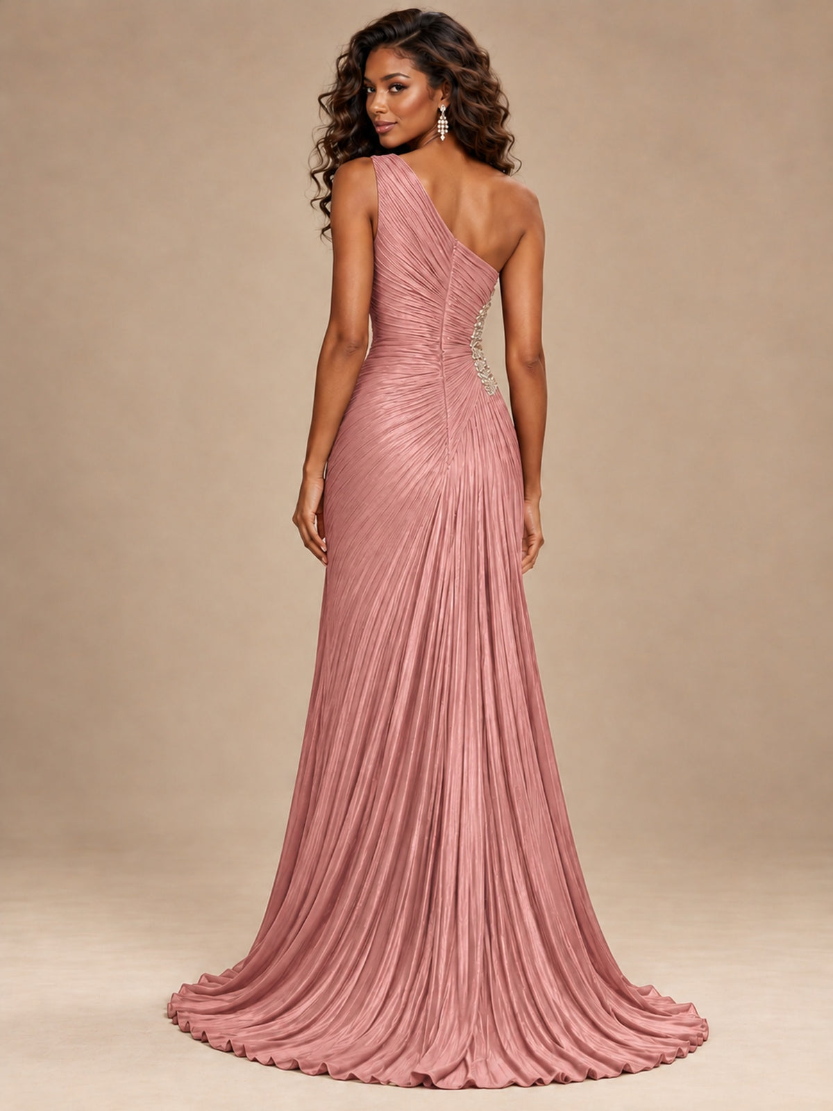 Burgundy One Shoulder Ruched Prom Dress with High Slit & Beaded Waist