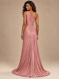 Burgundy One Shoulder Ruched Prom Dress with High Slit & Beaded Waist
