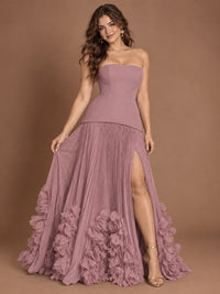 Strapless Pleated Floral Satin Formal Dress with Side Slit