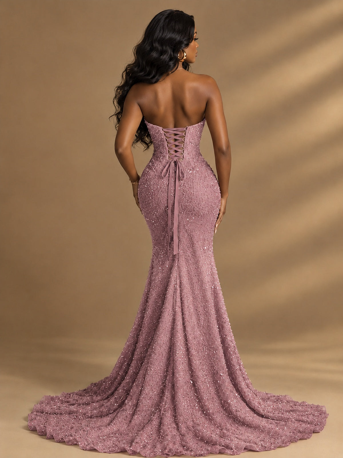 Beaded Sequin Prom Dress Strapless Formal Gowns with High Slit Train