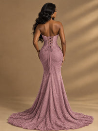 Beaded Sequin Prom Dress Strapless Formal Gowns with High Slit Train