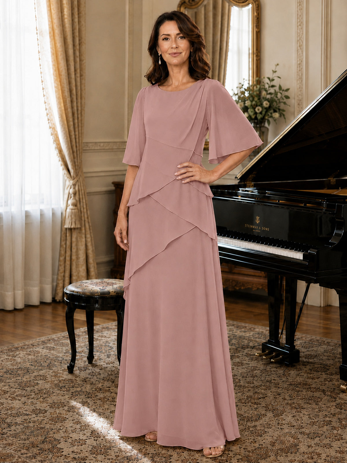 Asymmetric Draped Chiffon Mother of the Bride Dress with Flutter Sleeves