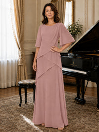 Asymmetric Draped Chiffon Mother of the Bride Dress with Flutter Sleeves