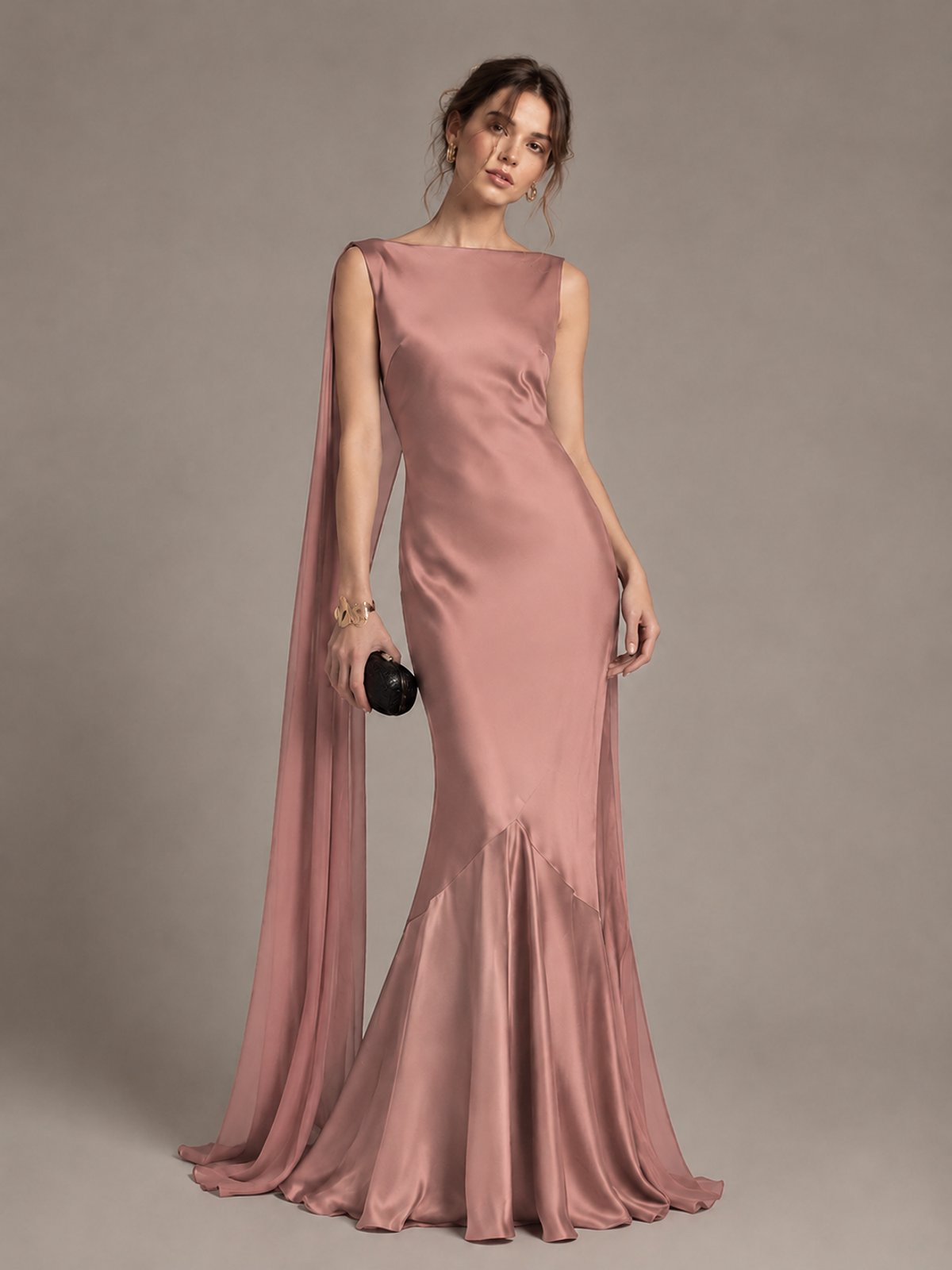 Burgundy Satin Mermaid Cape Maxi Dress