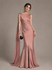 Burgundy Satin Mermaid Cape Maxi Dress